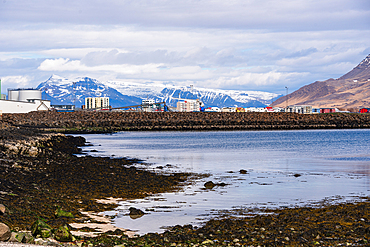 Akranes harbour at low tide with fishing vessels, stone breakwater and snow-capped mountains behind, West Iceland