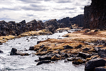 River flowing through Almannagj rift gorge with basalt cliffs and golden grass at Thingvellir National Park in Iceland