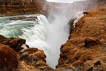 Turquoise glacial waters of Gullfoss waterfall surging into its rugged canyon below golden mossy cliffs, Iceland. Iconic Golden Circle landmark on the Hv&iacute;t&aacute; river.