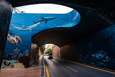 A road tunnel painted with a large underwater mural of sharks and a sea turtle, Cartagena, Región de Murcia, Spain. The vivid marine scene wraps the entrance as the road curves into shadow in soft daylight.<br />1372-4517 A road tunnel painted with a large underwater mural of sharks and a sea turtle, Cartagena, Región de Murcia, Spain. The vivid marine scene wraps the entrance as the road curves into shadow in soft daylight.