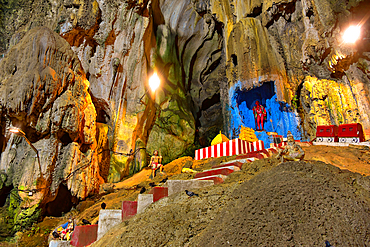 Hindu gods and deities placed in the main cave of Batu Caves during a religious event in Selangor, Malaysia