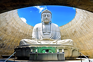 Majestic sculpture of Buddha at Hill of the Buddha (Atama Daibutsu), Sapporo, Hokkaido, Japan. This Buddhist shrine is a stunning piece of contemporary art located within the Makomanai Takino Cemetery.