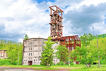 Former Ponbetsu Coal Mine Headframe, Mikasa City, Hokkaido, Japan. Built in 1959, this 51m steel tower was hailed 'largest shaft in the East' with a shaft depth of 735m. It ceased operations in 1971 and has remained an iconic ruin.