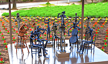 Metallic artwork display of a performing orchestra at Farm Tomita, Furano, Hokkaido, Japan.