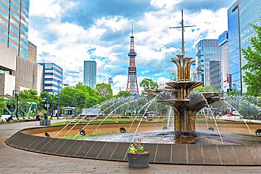 Fountain at Odari Park with Sapporo TV Tower in the background, Sapporo, Hokkaido, Japan.