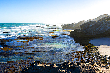 Coastline along rocky shore with waves and water pools at De Hoop Nature Reserve in the Western Cape region of South Africa