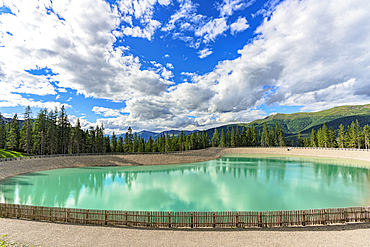 Turquoise reservoir, Prati di Croda Rossa, Sesto, Dolomites, Puster Valley, South Tyrol, Italy
