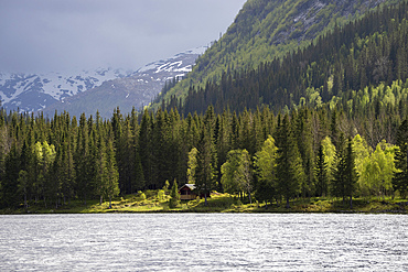 Lomsdal-Visten National Park offers a view of a lake surrounded by forests and mountains in Norway during springtime
