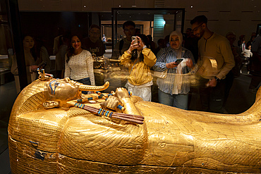 The outer gilded coffin of King Tutankhamun, The Grand Egyptian Museum, GEM, Cairo, Egypt.