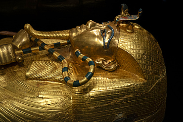 The outer gilded coffin of King Tutankhamun, The Grand Egyptian Museum, GEM, Cairo, Egypt.