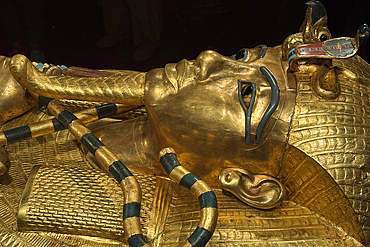The outer gilded coffin of King Tutankhamun, The Grand Egyptian Museum, GEM, Cairo, Egypt.