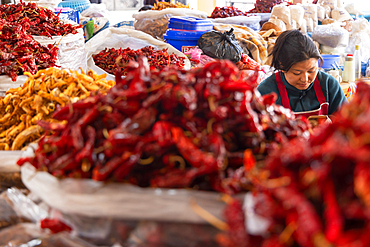 Dried chillies and vendor at Centenary Farmers Market, Thimphu, Bhutan