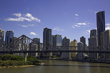 View of Story Bridge and skyline over Brisbane River in Queensland Australia