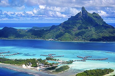 Bora Bora, aerial view, overwater bungalows, holiday resort, Mont Otemanu volcano, South Pacific, French Polynesia, French overseas territory, company islands, tourism, vacation, longing, windward islands, lagoon, sea, sun, ocean, Pacific, Polynesia, South Pacific, reef, tourism, water, world ocean, tropical, tropical