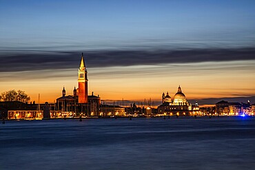 Sunset and cloud atmosphere, Campanile San Giorgio Maggiore, Santa Maria della Salute Church, Venice, UNESCO World Heritage Site, Veneto, Italy