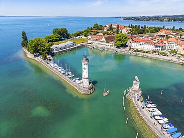 Aerial view of Lindau island in Lake Constance with the lighthouse and the Bavarian lions at the harbor entrance, Swabia, Bavaria, Germany