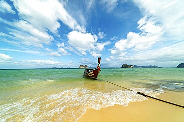 Longtail boat on the beach, Koh Ngai island, Andaman Sea, Satun province, southern Thailand, Thailand