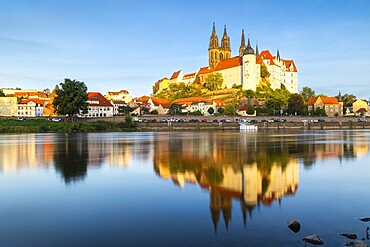 View of Albretsburg Castle and Meissen Cathedral, St. Johannis and St. Donatus, Reflection in the Elbe, River, Old Town, Meissen, Saxony, Germany