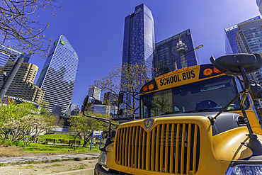 Bright yellow school bus in front of city skyline on sunny day with modern buildings in Toronto, Ontario, Canada