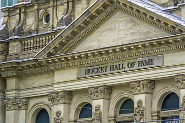 View of Hockey Hall of Fame on a sunny day in Toronto, Ontario showcasing the historic architecture and prominent signage<br />844-48066 View of Hockey Hall of Fame on a sunny day in Toronto, Ontario showcasing the historic architecture and prominent signage
