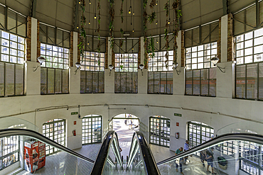 View from escalators inside Mercado Central de Alicante showing architectural details and natural light in Costa Blanca, Spain<br />844-48563 View from escalators inside Mercado Central de Alicante showing architectural details and natural light in Costa Blanca, Spain