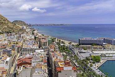 Elevated view of beach and town in Alicante on a sunny day
