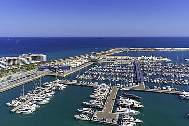 Elevated view of Alicante Marina showing boats and the sea on a sunny day in Spain