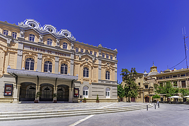 View of ornate Theatre Romea, Teatro Romea on a sunny day, Murcia, Region of Murcia, Spain, Europe