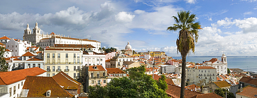 Views of Monastery of Sao Vicente de Fora from Belvedere Portas do Sol in Lisbon with rooftops and palm trees in the foreground
