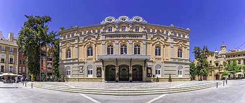 View of ornate Theatre Romea, Teatro Romea on a sunny day, Murcia, Region of Murcia, Spain, Europe