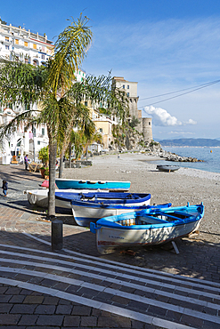 Fishing boats up on the shore in Cetara, a fishing village along Italy's Amalfi Coast. Campania, Italy, Europe.