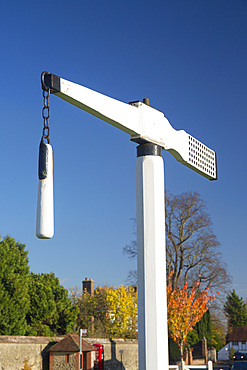 Historic quintain on the village green, England's only remaining medieval tilting post, autumn, Offham, near Maidstone, Kent, England, UK