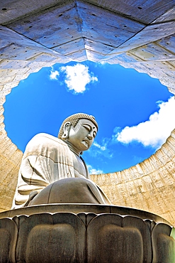 Majestic sculpture of Buddha at Hill of the Buddha (Atama Daibutsu), Sapporo, Hokkaido, Japan. This Buddhist shrine is a stunning piece of contemporary art located within the Makomanai Takino Cemetery.
