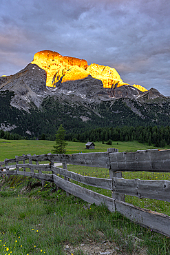 Croda Rossa dAmpezzo illuminated by sunrise from Prato Piazza in Alta Pusteria, South Tyrol