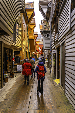 View of narrow wooden walkway through Bryggen in the city of Bergen, Vestland, Norway, Scandinavia, Europe