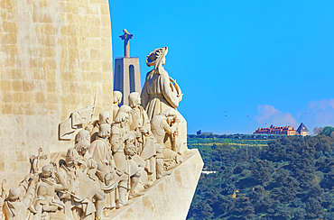View of Monument to the Discoveries (Padrao dos Descobrimentos) and the Sanctuary of Christ the King shrine in the distance, Belem, Lisbon, Portugal